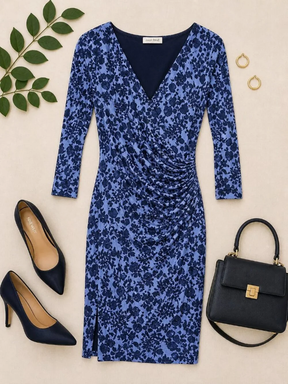 Tory Burch Blue Floral Ruched Dress Size S V-Neck 3/4 Sleeve Designer